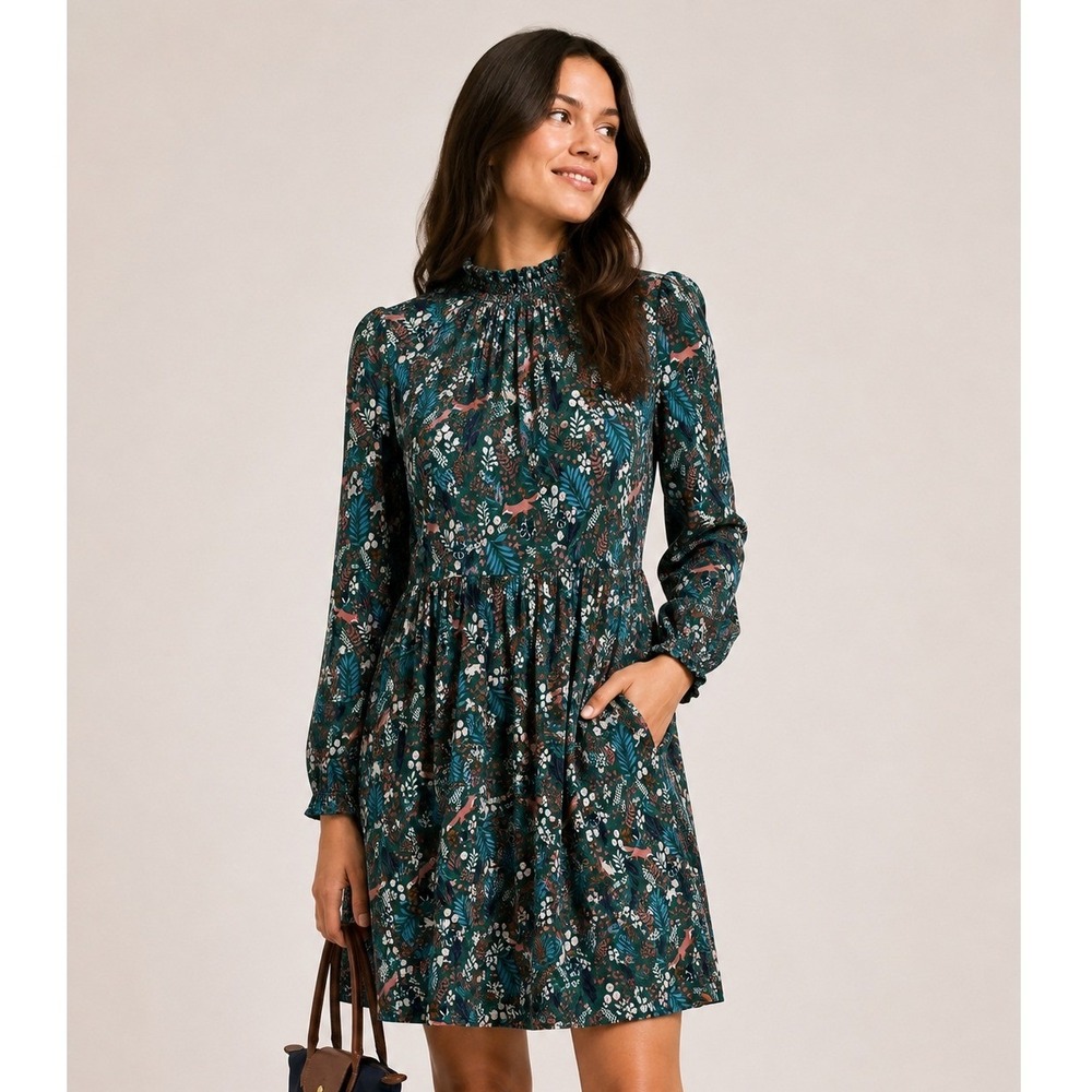Boden Clara Woodland Fox & Rabbit Ruffle Jersey Dress Womens 4 Long Sleeve Flowy